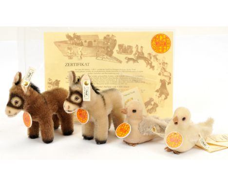 Steiff Noah's Ark pair of sets including donkeys and doves: (1) donkey set, 1996-1997, white tag 038525, LE 13/8000, mohair, 