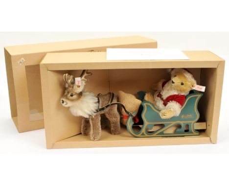 Steiff Father Christmas Teddy Bear with Reindeer, 2000, white tag 670565, LE 2500, mohair bear and reindeer, plus sleigh, cer