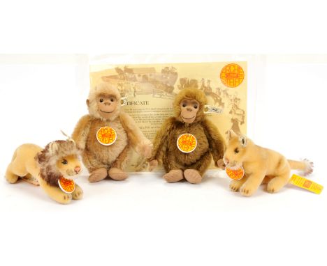 Steiff Noah's Ark pair of sets including gorillas and lions: (1) gorilla set, 1994-1995, white tag 038464, LE 9/8000, mohair,