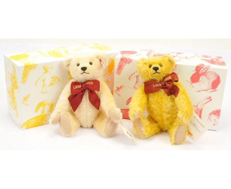 Steiff teddy bear pair including: (1) Paul the Growler teddy bear, white tag 037207, mohair, embroidered bow "1908-2008", swi