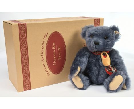 Steiff Farmer Bear, white tag 660078, LE 1847, exclusive for the Netherlands, denim blue mohair, certificate, some discoloura
