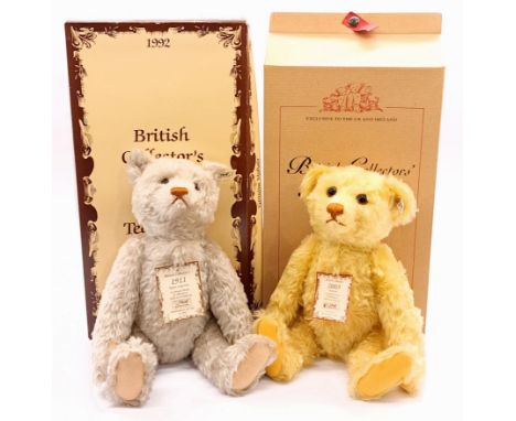 Steiff teddy bear pair including: (1) British Collectors replica 1911 teddy bear, white tag 406645, LE 3000, mohair, chest ta