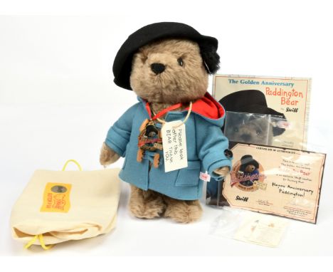 Steiff Danbury Mint Paddington Bear, Golden Anniversary, white tag 662010, LE to the year 2008, mohair, wearing 18ct plated 5