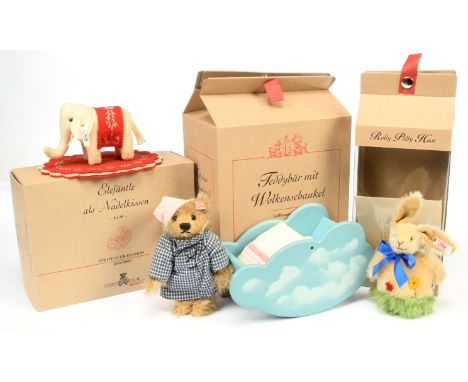 Steiff trio: (1) Steiff Teddy Bear with Cloud Cradle, white tag 037948, LE 3000, mohair teddy bear, accompanied by blue paint