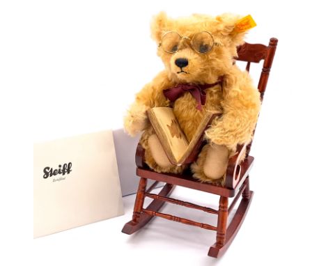 Steiff/Danbury Mint Bernard teddy bear with rocking chair, yellow tag 654848, swing label, certificate, resin book (chipped),
