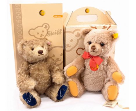 Steiff teddy bear pair including: (1) Peter Jones Buckingham teddy bear, white tag 662577, LE 1500, mohair, Swarovski crystal