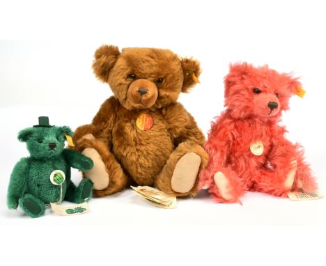 Steiff trio of teddy bears: (1) Steiff Original brown mohair, yellow tags 004223, chest tag and swing label, 13"/33cm; (2) St