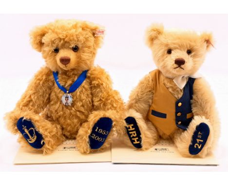 Steiff teddy bear pair including: (1) Coronation Bear, exclusive to Peter Jones of Wakefield, 2002, white tag 660870, LE 1953
