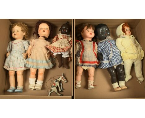 Collection of four hard plastic Pedigree and Palitoy walking dolls and a Horseman composition baby doll, black composition ba
