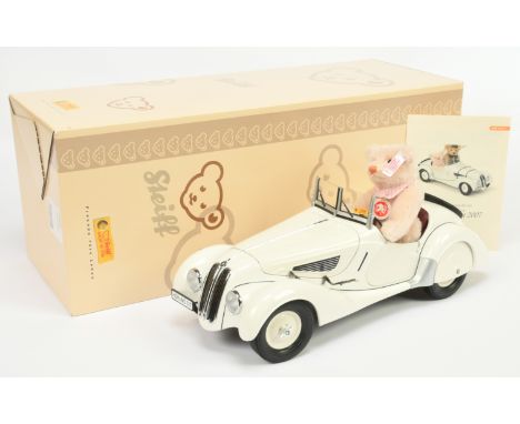 Steiff BMW 328 Roadster Set, white tag 656255, German Exclusive, LE 1211/1500, 2007, car has precision detailing- leather str