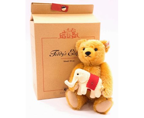 Steiff Teddy's Elephant exclusive to the Daily Telegraph, white tag 661358, LE 3000, mohair teddy bear carrying miniature fel