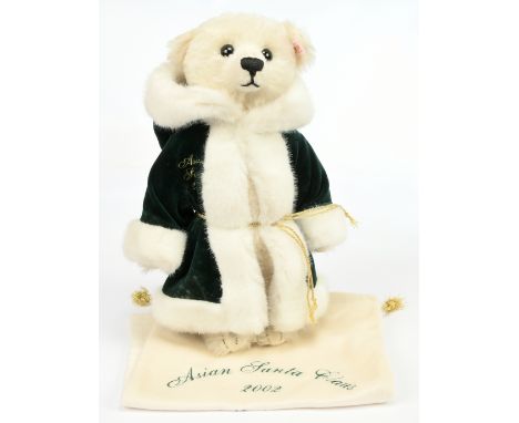Steiff Asian Santa Teddy Bear, Asian exclusive, white tag 675812, LE 1000, mohair, wearing bottle green velvet robe trimmed w