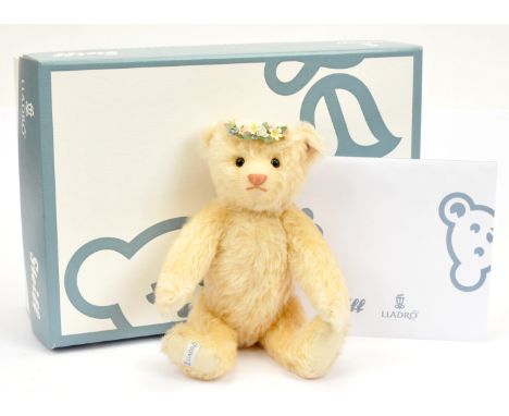 Steiff Lladro Spring teddy bear, white tag 677038, LE 2000, mohair, wearing porcelain flower headband, certificate, within Go