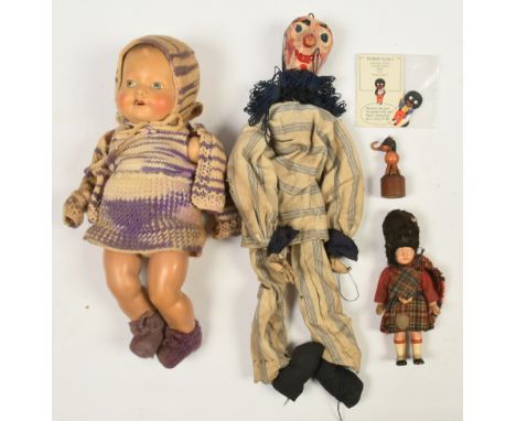 Collection of vintage toys, including: composition baby doll, 15"/38cm; Scottish piper composition doll; Robertson's Golly Fo