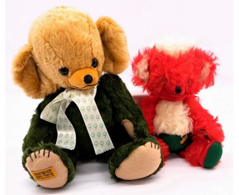 Merrythought bear including: (1) Punkie Bear, red mohair, MISSING swing label certificate, 10"/25cm; (2) Cheeky Bear, mohair,