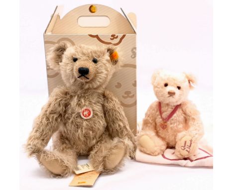 Steiff teddy bear pair including: (1) Classic bear, yellow tag 000553, mohair, chest tag, swing label, within Good Plus basic