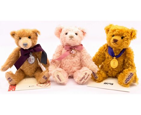 Steiff teddy bear trio including: (1) Danbury Mint Palatinum Jubilee bear, white tag 691348, mohair, swing label, certificate