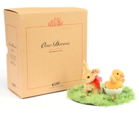 Steiff miniature Easter Diorama, white tag 038228, LE 2004, comprising mohair rabbit and chick, displayed upon a mohair-cover