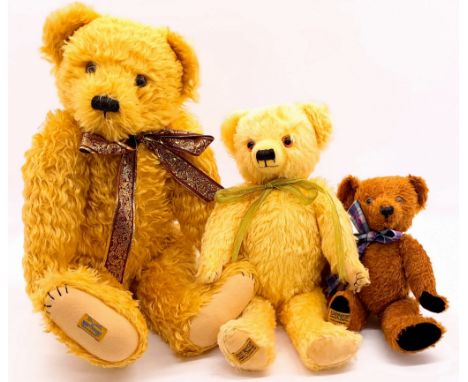 Merrythought teddy bear trio including: (1) Freddie Farnell Sue Pearson's bear, Alpha Farnell replica, LE 250, mohair, swing 