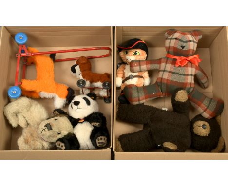 Collection of modern and vintage teddy bears, etc: Merrythought Bengo boxer vintage plush pull-along dog on wheels; British v