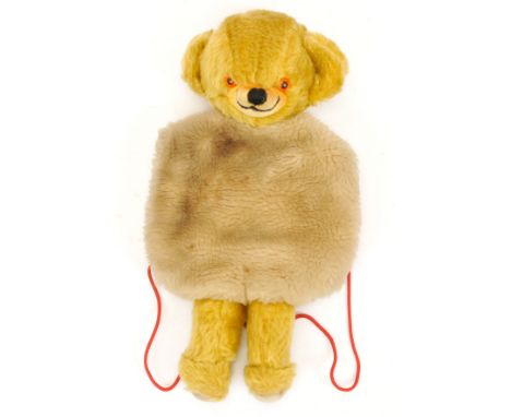 Merrythought Cheeky Bear vintage muff, golden mohair, with beige plush muff, amber and black plastic eyes, inset velveteen mu