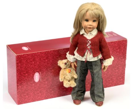 Steiff by Gotz Nele vinyl doll, 2003, button in left ear, carrying Steiff Anton miniature mohair bear in left hand, bracelet 