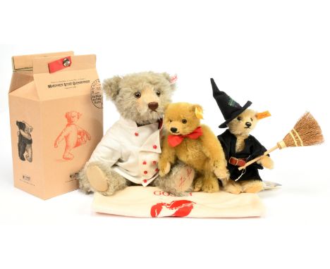 Steiff trio of teddy bears: (1) Steiff Gosch Fish Trader teddy bear, white tag 671623, LE 1500, mohair, coat is yellowed, oth