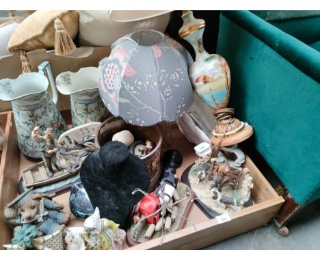 Box of collectable includes border fine arts figures, hand painted 1900s lamp etc 