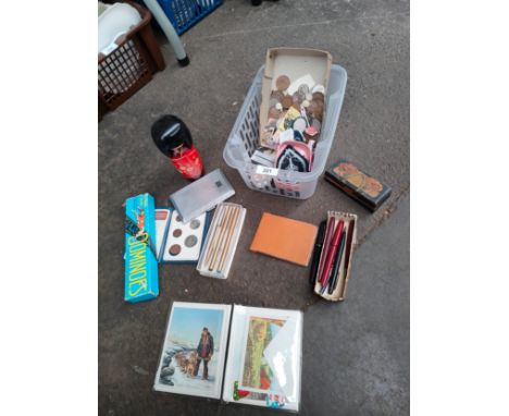 Box of interesting items to include vintage pens, coins etc 