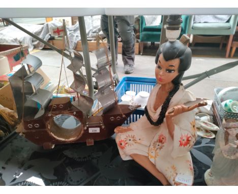 Large eastern figural table lamp together with model boat 