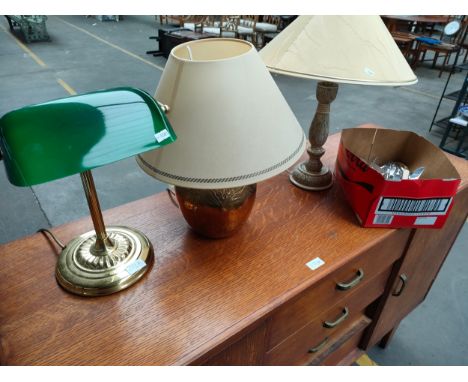 3 table lamps to include desk lamp along with box of cutlery 