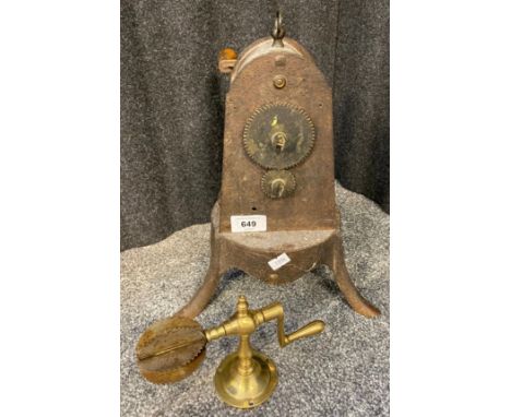 19th century cast iron mechanical clockwork fireplace rotisserie spit jack. In a working condition. Together with an antique 