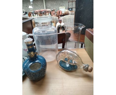 Vintage sweetie jar , measuring beaker , ship in a bottle along with decanter 