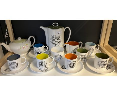 Vintage Susie Cooper Harlequin fruit design coffee service. Together with Susie Cooper tea pot. 
