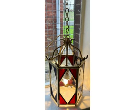 Antique gilt brass and stainglass ceiling light shade. 