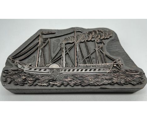 Antique/ vintage wood and copper printing block of a steam ship. [17cm in length] 