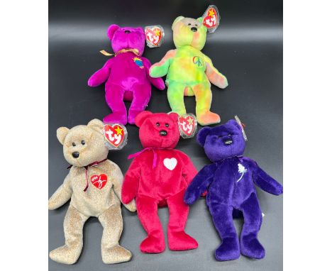 Five various vintage TY Beanie Babies to include, Princess, Peace, Millennium, Valentina and 1999 Signature. P.E. Pellets. Pr