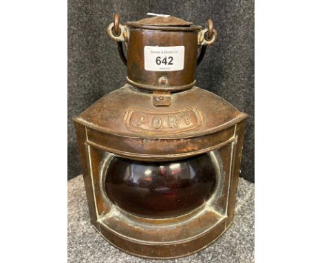 Antique copper Port ship lantern- red glass and has original burner present. [25cm high] 