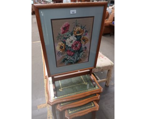 Tapestry fire screen along with leather top nest of tables. 