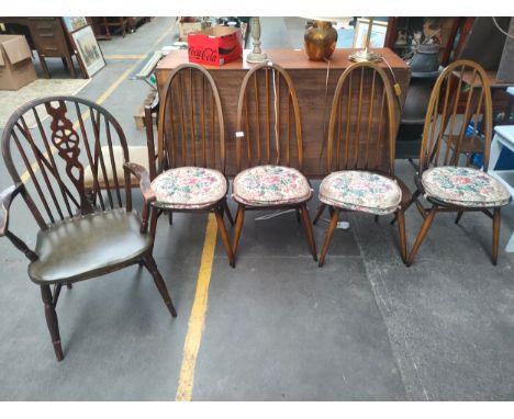 Set of 4 ercol chairs together with wheel back chair 