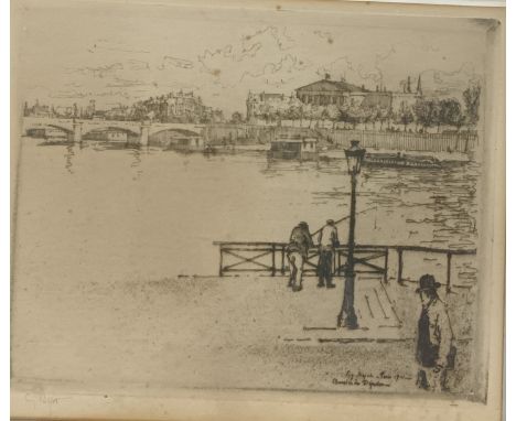 Eugene Bejor R.SFramed drypoint/block print depicting a Paris scene.[44x40cm] 