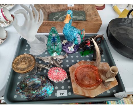 A Tray of collectables includes horse lighter, arts and craft antler desk stand etc 