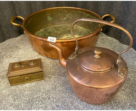 Antique two handle copper and brass basin, Copper kettle by H. Gordon &amp; Co Aberdeen and foreign gilt brass storage box. 