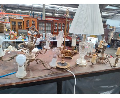 Selection of 1900s brass ceiling lights, 3 way brass light together with crystal lamp 