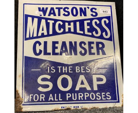 Antique enamel advertising sign Watson’s Matchless Cleanser Soap. From Falkirk Iron Co. 
