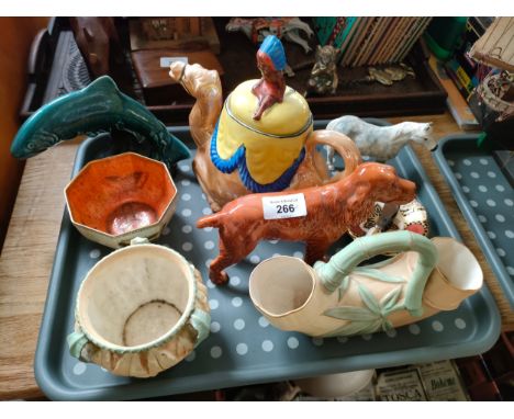 A Tray of collectables includes Beswick dog figure, Poole pottery fish figure, Royal Worcester ivory blush double section spi