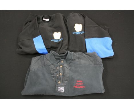 OZZY AND JUDAS PRIEST - three tour/staff jumpers to include a 1980s button neck jumper with red stitching 'Tasco Ozzy Audio +