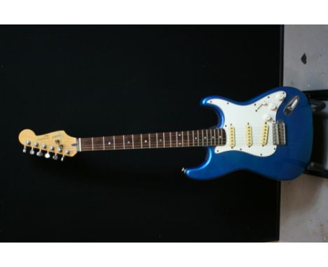 SQUIRES STRATOCASTER - a Squires Stratocaster by Fender, blue and white, in hard guitar case.