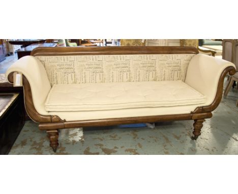 SOFA, William IV with a mahogany showframe, newly upholstered in cream fabric depicting London place names on facetted suppor