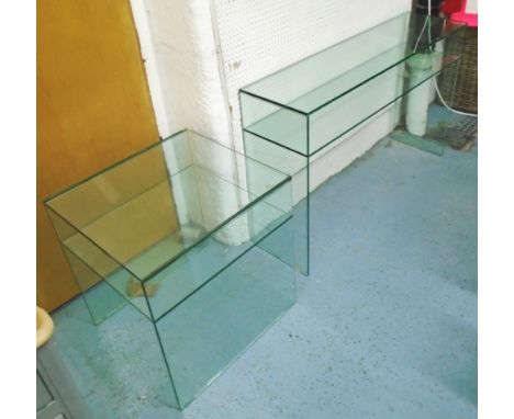 CONSOLE TABLE, in glass with shelf below, 125cm x 30cm x 75cm H, plus a matching side table in glass with shelf below, 50cm x